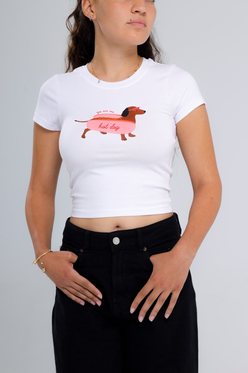 Printed white hot dog top