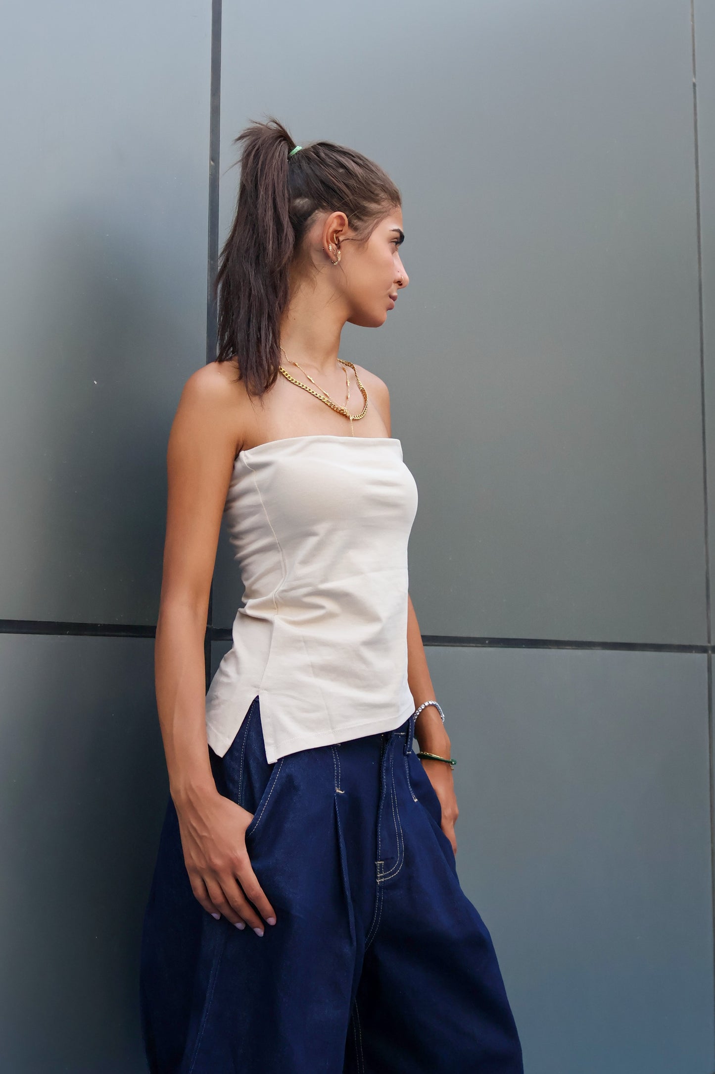 Tube top one sided cut Beige