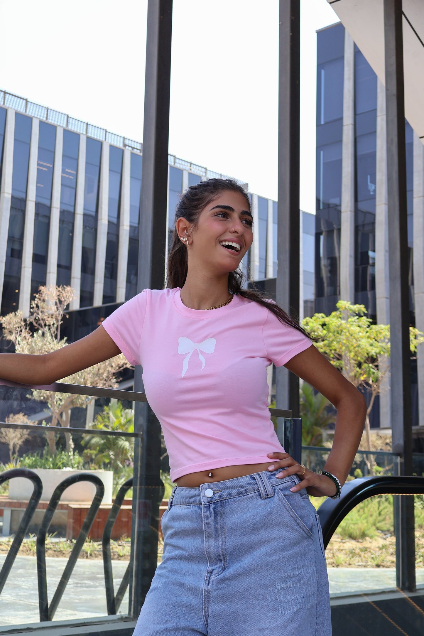 Printed pink bow top