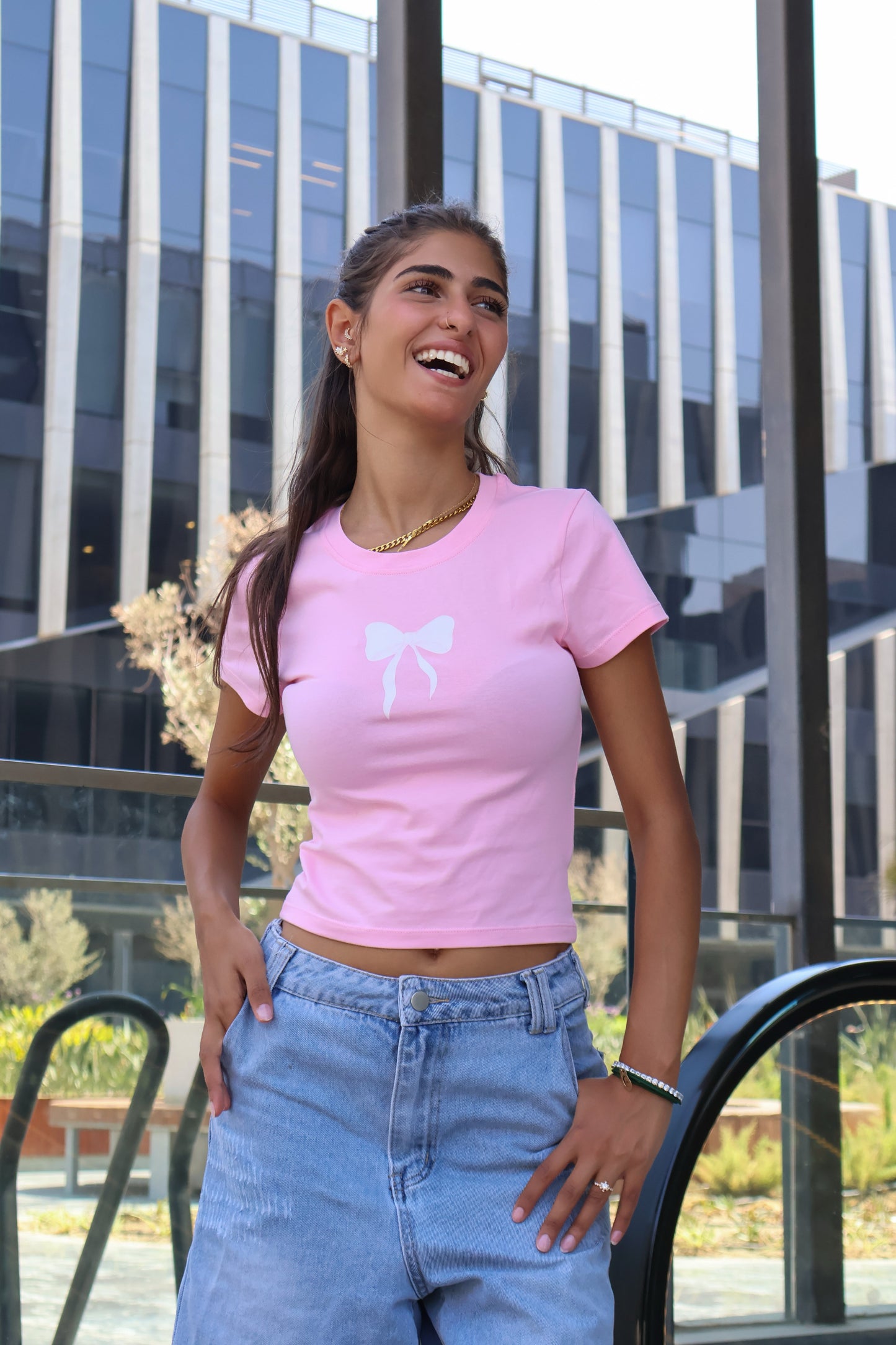 Printed pink bow top