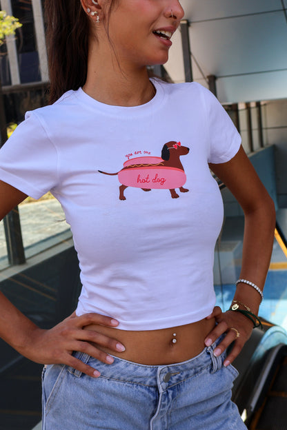Printed white hot dog top